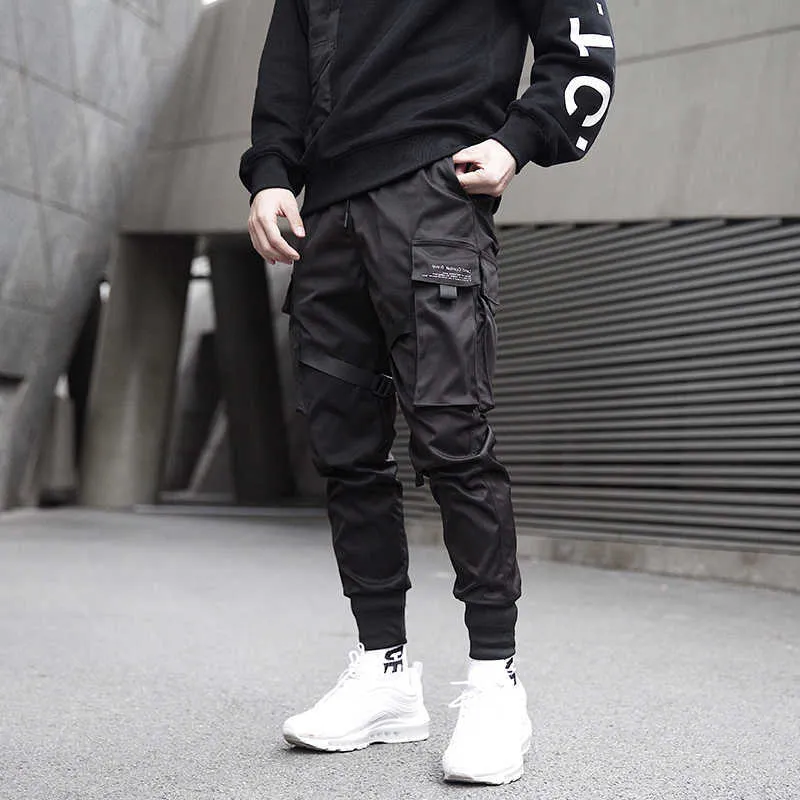 Män lastbyxor svart band blockera multi-pocket harem joggare hajuku sweatpant hip hop casual manliga byxor 210715