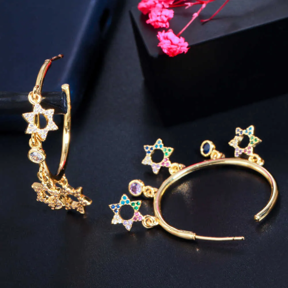 Bungelende kleurrijke kubieke zirkonia regenboog zes punt ster charms elegante gouden kleur ronde hoepel oorbellen voor vrouwen CZ845 210714