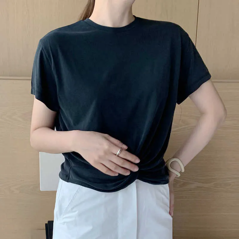 コレヒパアの女性Tシャツ夏の韓国のシックなシンプルなラウンドネックのねじれのデザイン緩いソリッドカラー全てのマッチ半袖トップ210526