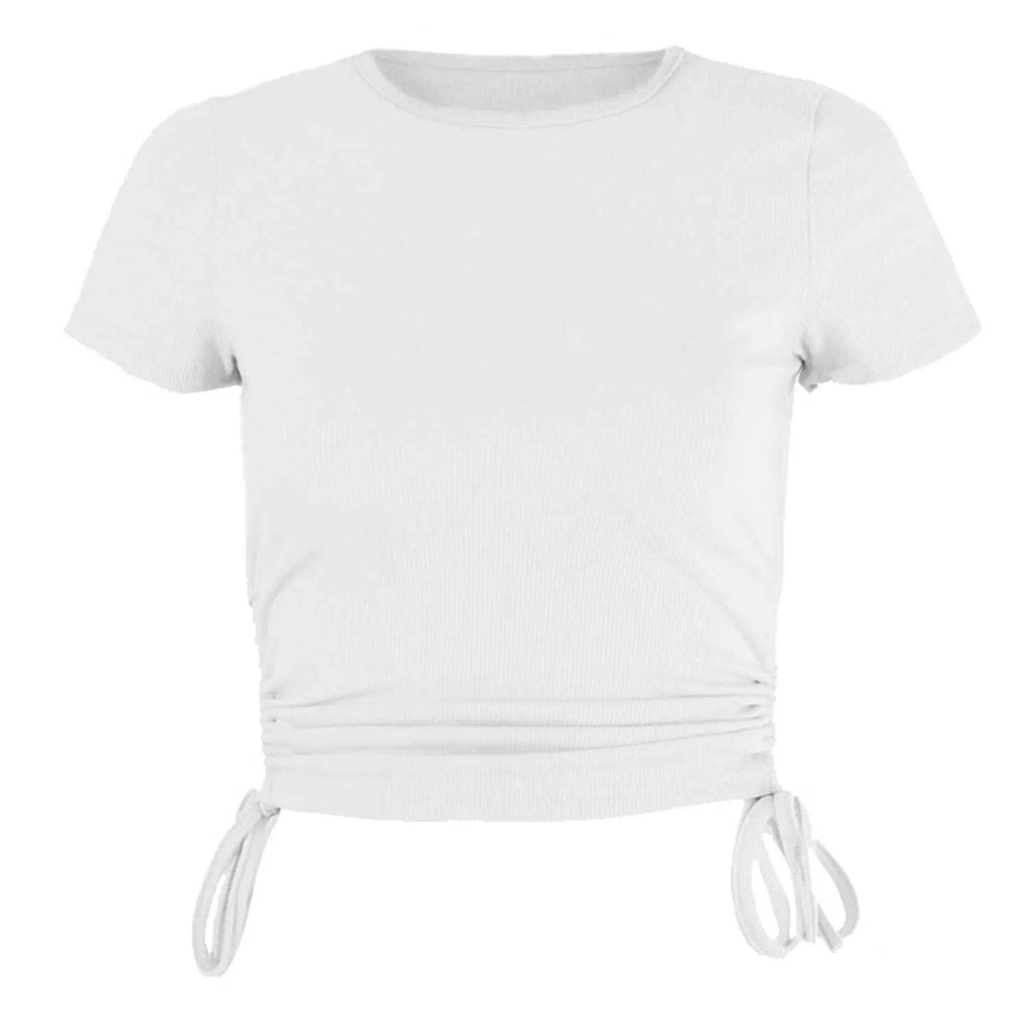 花のプリント短いTシャツ夏の女性Oネック側巾着ニットリブ付きクロップトップレディカジュアルコットンシーリングホワイトTシャツ210604
