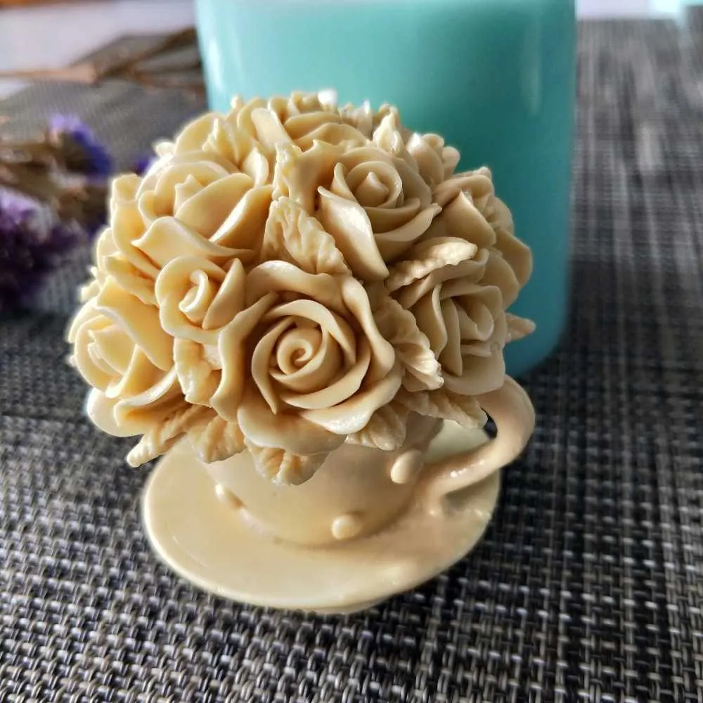 HC0120 Stampo sapone in silicone con tazza di fiori e rose, realizzare candele fatte a mano 210721