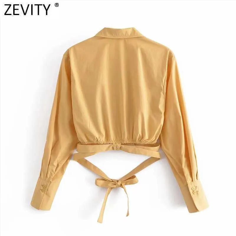 Zevity Mujeres Cruz Cuello en V Dobladillo sólido Atado Diseño Blusa corta Mujer Manga larga Kimono Camisas Chic Crop Blusas Tops LS9252 210603