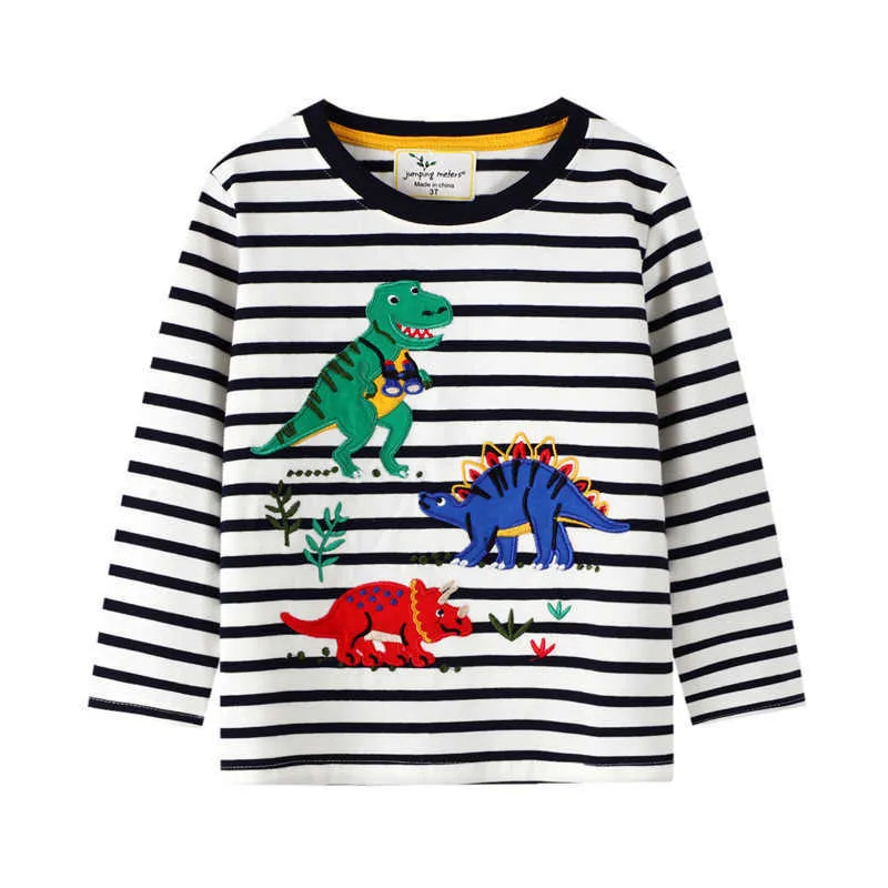 Saltando metros de manga longa Dinossauros camiseta para bebê outono primavera roupas de algodão listra animais applique meninos meninas top t-shirt 210529