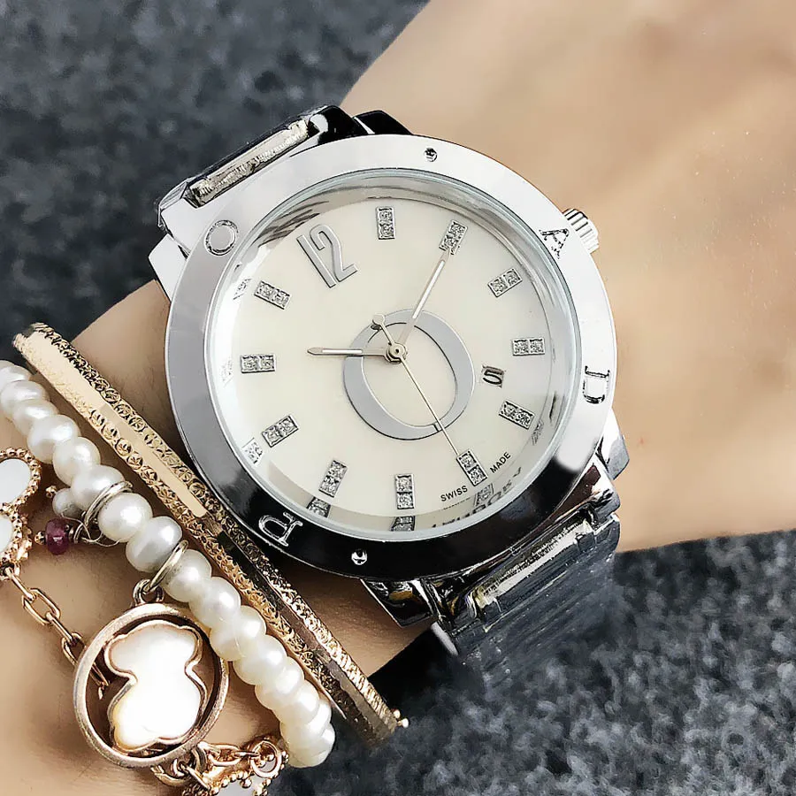 Orologio di marca da donna ragazza signora grandi lettere stile cristallo cinturino in acciaio metallo orologi da polso al quarzo P57249V
