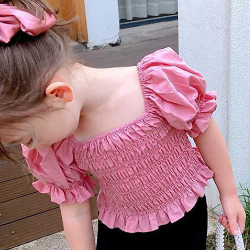 Sommar koreansk stil puff ärm prinsessa blusar ren färg söta pläterade skjortor barnkläder och 210528