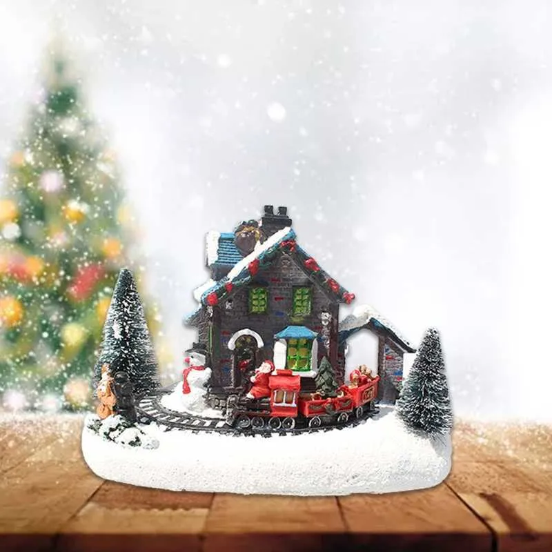 カラーLEDライトクリスマススノースモールトレインビレッジハウス発光樹脂飾りF19B 211018