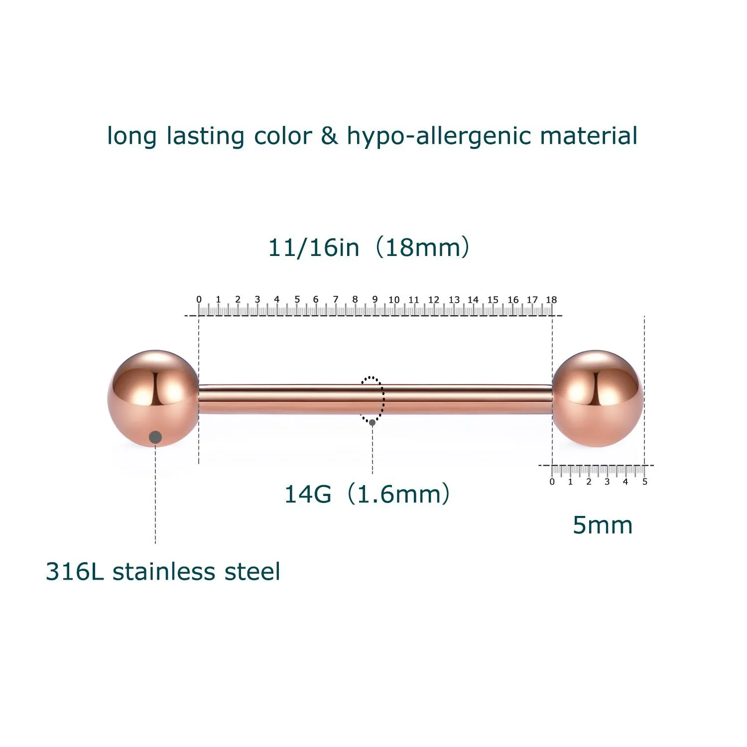 Boniskiss 14g 12-18mmの舌リングニップルストレートバーベル外科用スチールボディピアスジュエリートラガス軟骨のイヤリング