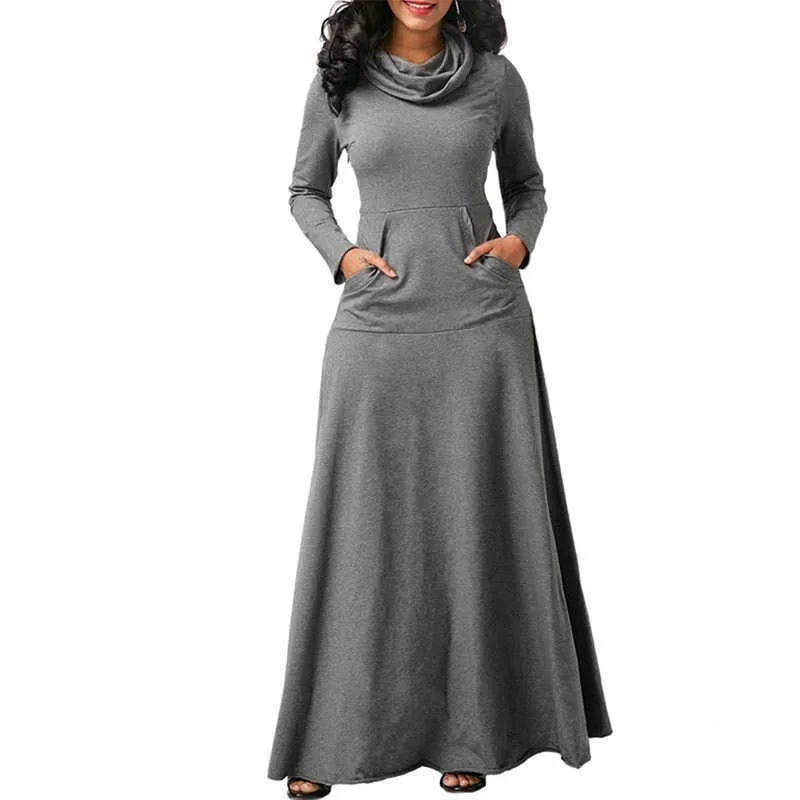 Vestido largo elegante de talla grande 5XL para otoño e invierno, vestido cálido de manga larga con cuello alto para mujer, ropa de mujer 2019 con bolsillo Y1006