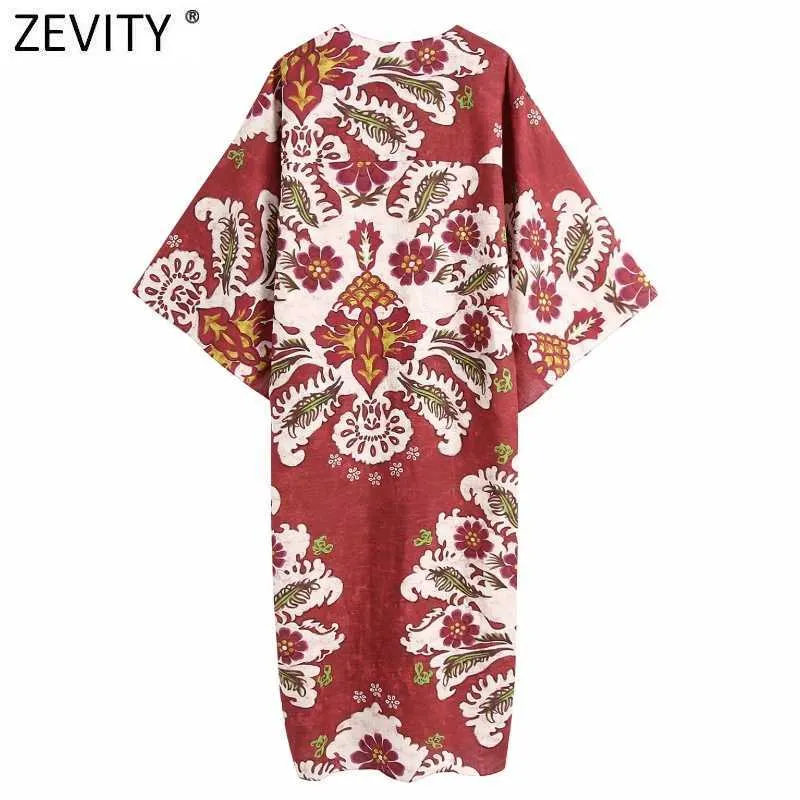 Zevity Women Vintage Totem Floral Print Loose Kimono Midi Klänning Kvinna Chic Batwing Sme Sommarbrott Boho Vestido DS8333 210603