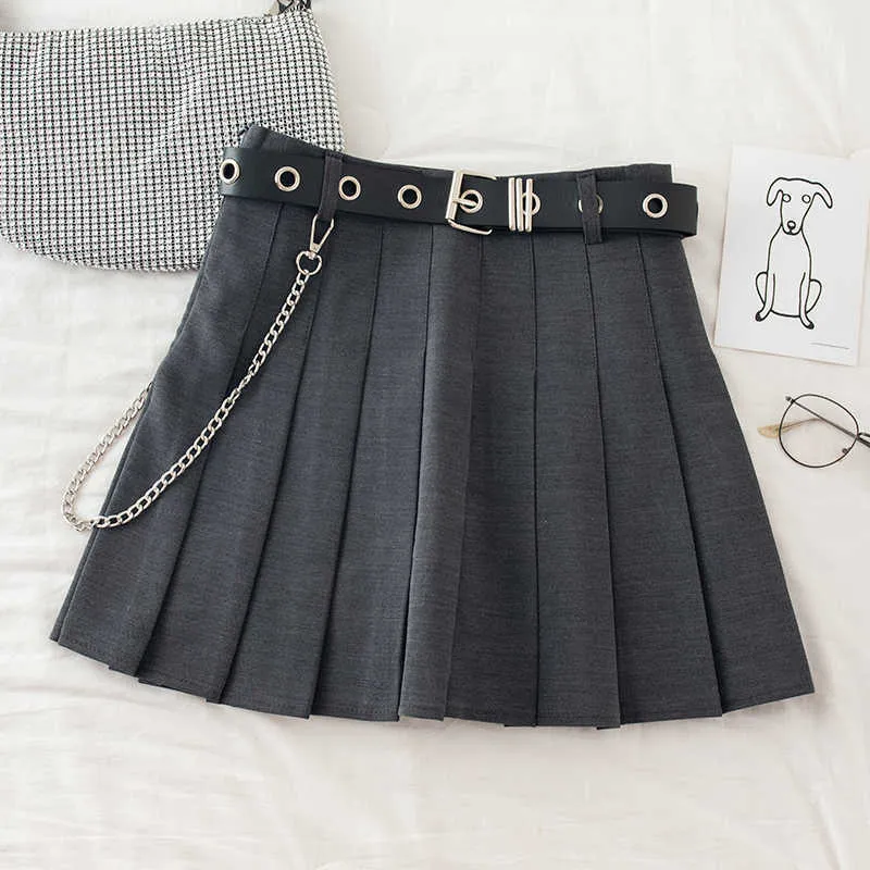 Black Pleated Skirt With Chain-Belt Punk Rock Girl Cheerleading Belted Mini Alt Women e-girl Outfit 210621