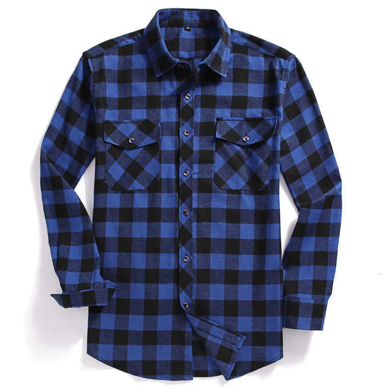 Men Casual Plaid Flannel Shirt Long-Sleeved Chest Two Pocket Design Fashion Printed-Button USA SIZE S M L XL 2XL 210721