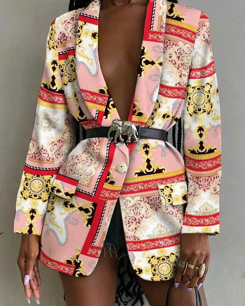 Femmes Blazer Châle Revers À Manches Longues Abstrait Graffiti Couleur Mode Sexy Slim Lâche Tops Pas De Ceinture 210930