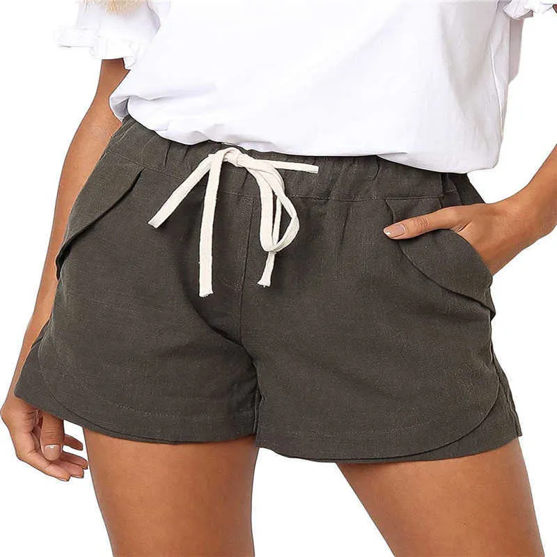 Pantalones cortos casuales de color sólido para mujeres Verano Cintura elástica Cordón con bolsillos Mujer suelta recta más tamaño Sweatshorts 210608