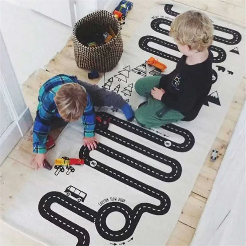 Barn Äventyr Playmat Infant Canvas Game Crawling Carpet Kids Mattor Child's Room Floor Mats Road Style Blanket 210724