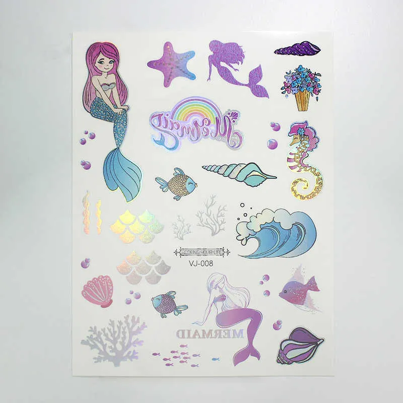 12 adet Lazer Mermaid Dövmeler Metalik Flaş Karikatür Sticker Deniz Hayvan Balık Ölçeği Tasarım Dövme Çocuk Geçici Vücut Sanatı Için