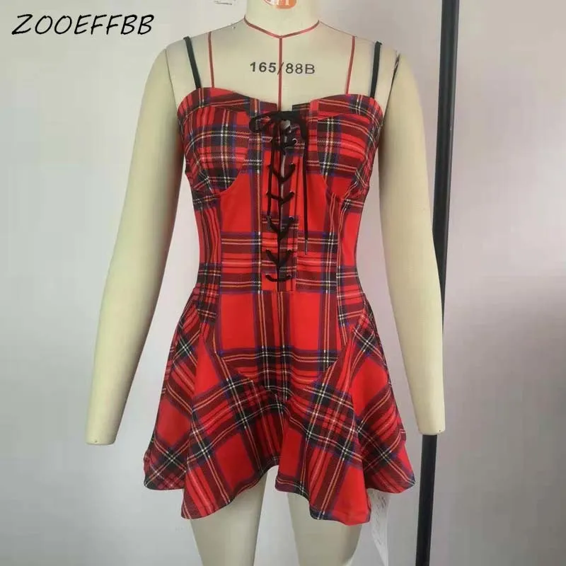 ZOOEFFBB Plus Size Clothing Sleeveless Mini Slip Dress Sexy Bodycon Club Outfits Bandage Plaid Dresses for 2021 Fashion Women Y0118