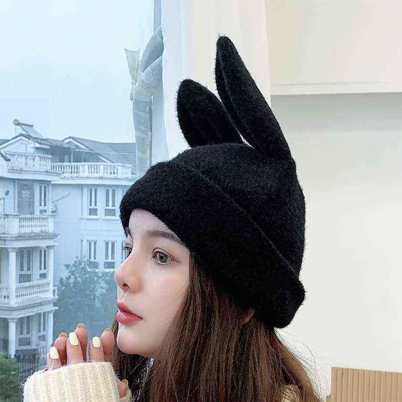 Femmes coréennes hiver tricoté bonnet chapeau mignon lapin oreilles de lapin couleur unie en plein air décontracté extensible ski Skullies casquette oreille plus chaud P 211119