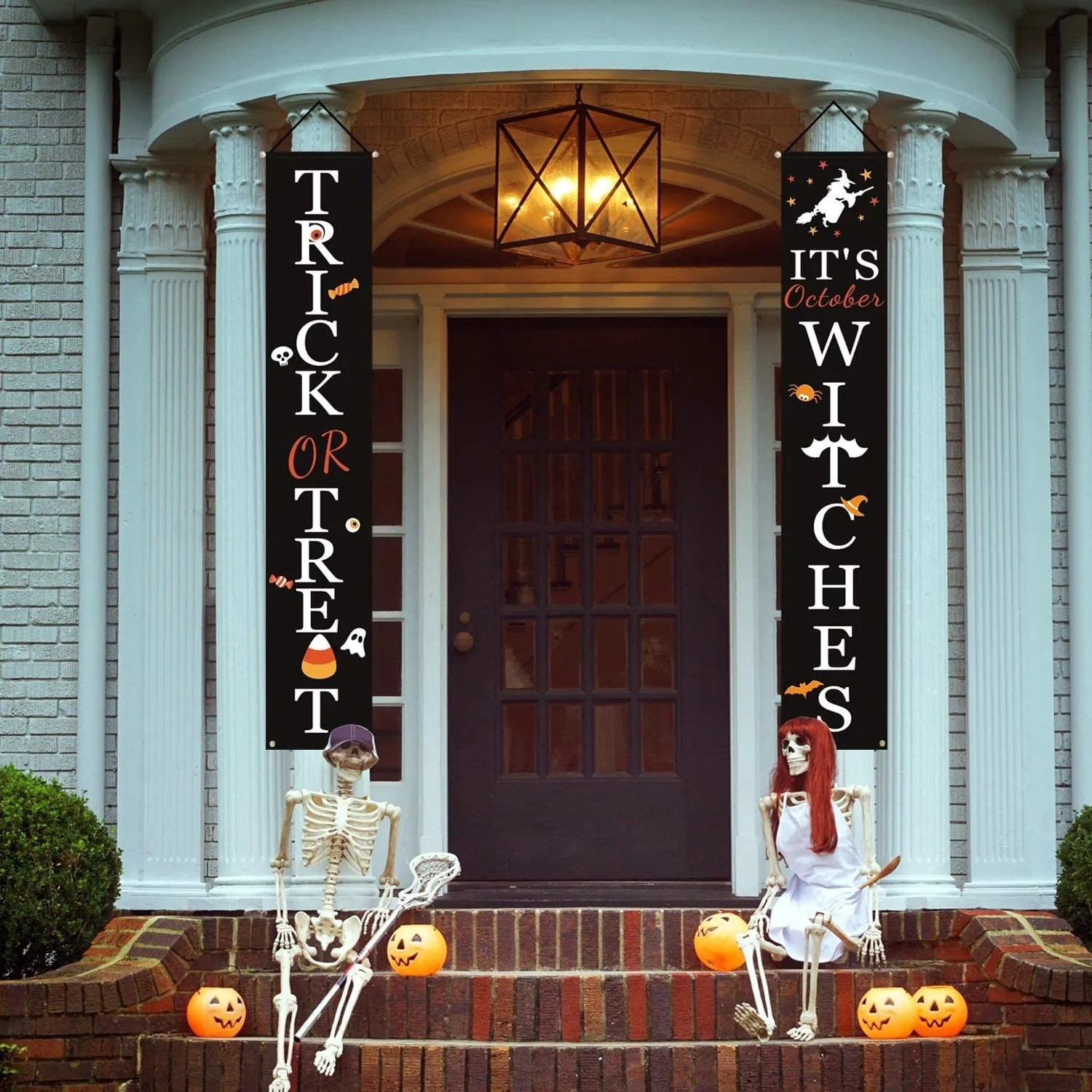 Decorazione di Halloween all'aperto Dolcetto o scherzetto e cartello di benvenuto di Halloween decorato con la porta d'ingresso della strega di ottobre Y201006