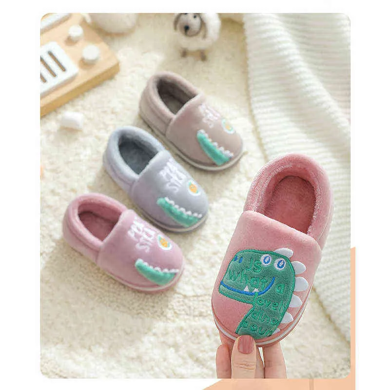 Non-slip Children Home Slippers Baby Warm Cotton Indoor Shoes Winter Cartoon Dinosaur Kids Boys Girls Flops Soft 220208