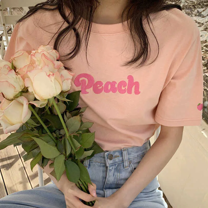 Korejpaa T-shirt da donna estiva coreana chic Sweet Little Peach lettere ricamate girocollo allentato pullover a maniche corte 210526