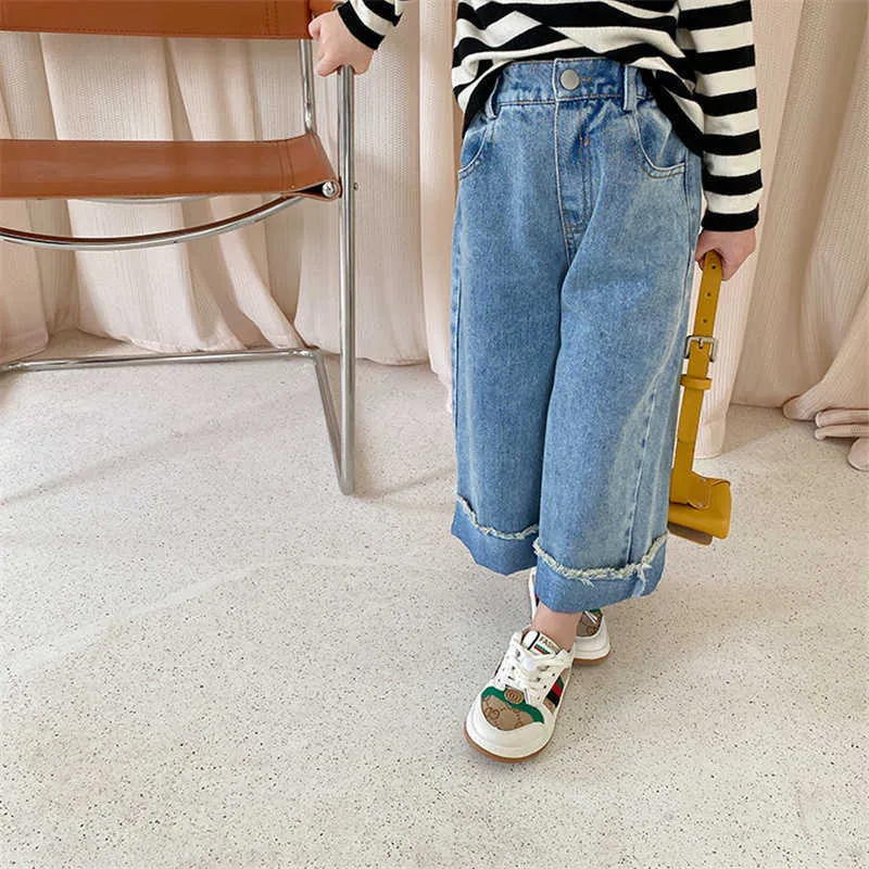 Estilo coreano Niños Denim Pantalones de pierna ancha Chicas de moda Pantalones vaqueros casuales sueltos 1-7Y 210615