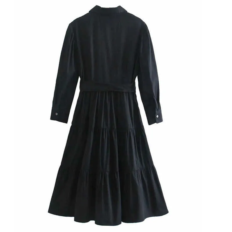 ZA Women Dresses Spring Autumn Vintage Print Casual Black Long Sleeve Shirt Dress Ruffle Cake Skirt With Belt Xitimeao 210602
