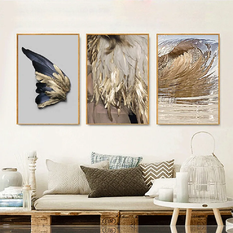 Скандинавские золотые и черные крылья, настенные картины на холсте, абстрактные листья, настенные художественные принты и постеры для гостиной, домашний декор9160131