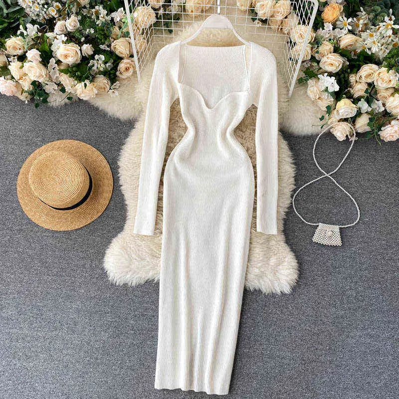 Vintage elegante Sexy cuello bajo clavícula con fugas vestido ajustado cintura cadera elástico tejido vestido femenino Otoño Invierno base vestido Y1204