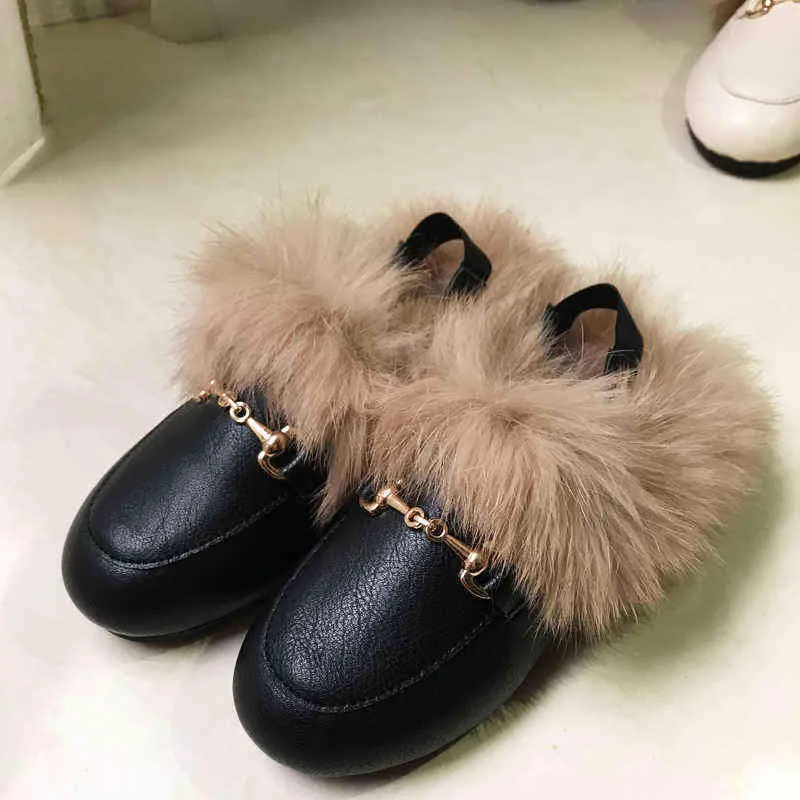 Winter Kids Fur Shoes Baby Girls Princess Slides Children Fashion Slippers Toddler Dress Flats Warm Outdoor Slip On 211215