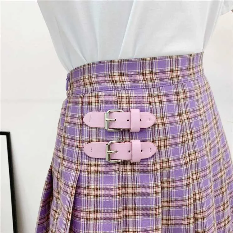 Harajuku pastell lila plaid kjol kniv pleat hög midja mini tennishirt för kvinnor skolflicka outfits / 210708