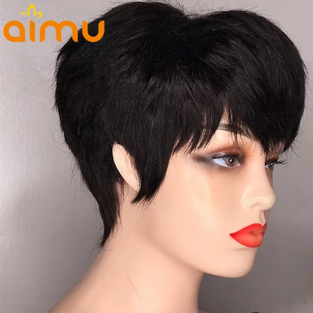Pixie Cut Short Wigs For Black Women Non Lace Human Hair Wig Full Machine Made Brazilian Virgin Hair Glueless Wig Pre Plucked