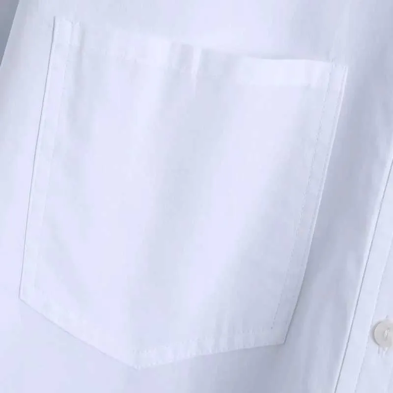 Primavera Mujer Bolsillos dobles Camisa corta blanca Mujer Turndown Collar Blusa de manga larga Casual Lady Loose Tops Blusas S8667 210721