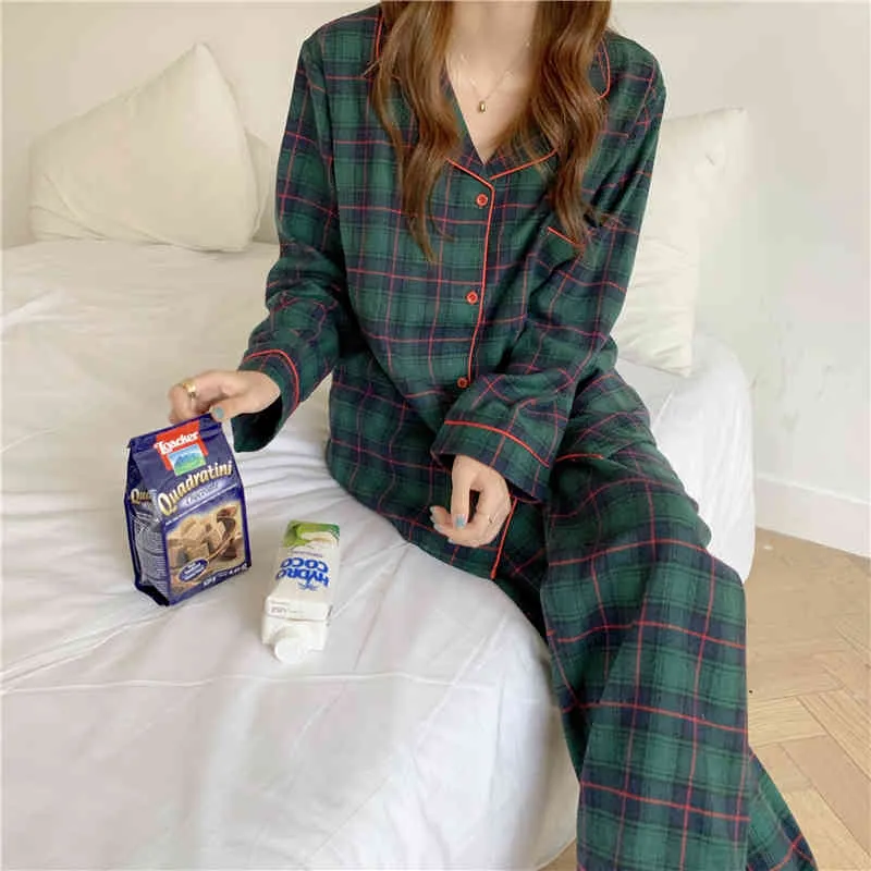 Bahar İki Adet Suit Hırka Rahat Ekose Kore Gecelikler Tatlı Yumuşak Homewear Gevşek Moda Pijama Setleri 210525