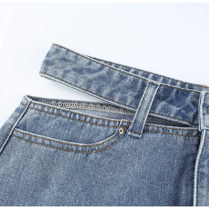 Hollow Washed Denim Skirt Woman High Waist Asymmetric Button Short Female Fashionable Streetwear Summer s 210708