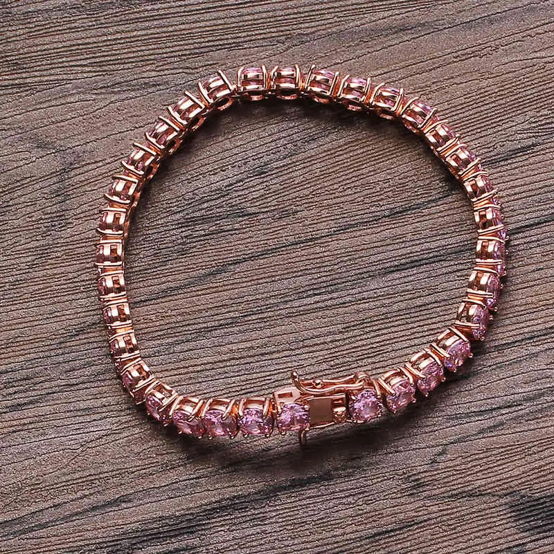 3mm-5mm hommes/femmes rose AAA + zircon cubique Tennis Hip Hop bijoux glacé 1 rangée or CZ bracelet à breloques pour cadeaux