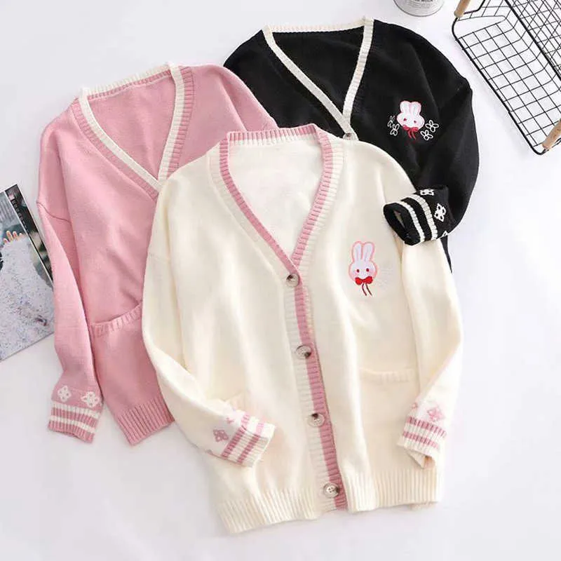 AZYT Cartoon Stickerei Kaninchen Strickpullover Strickjacke Koreanische Chic Lose Weibliche Strickshirt V-ausschnitt Jacke Frauen 210914