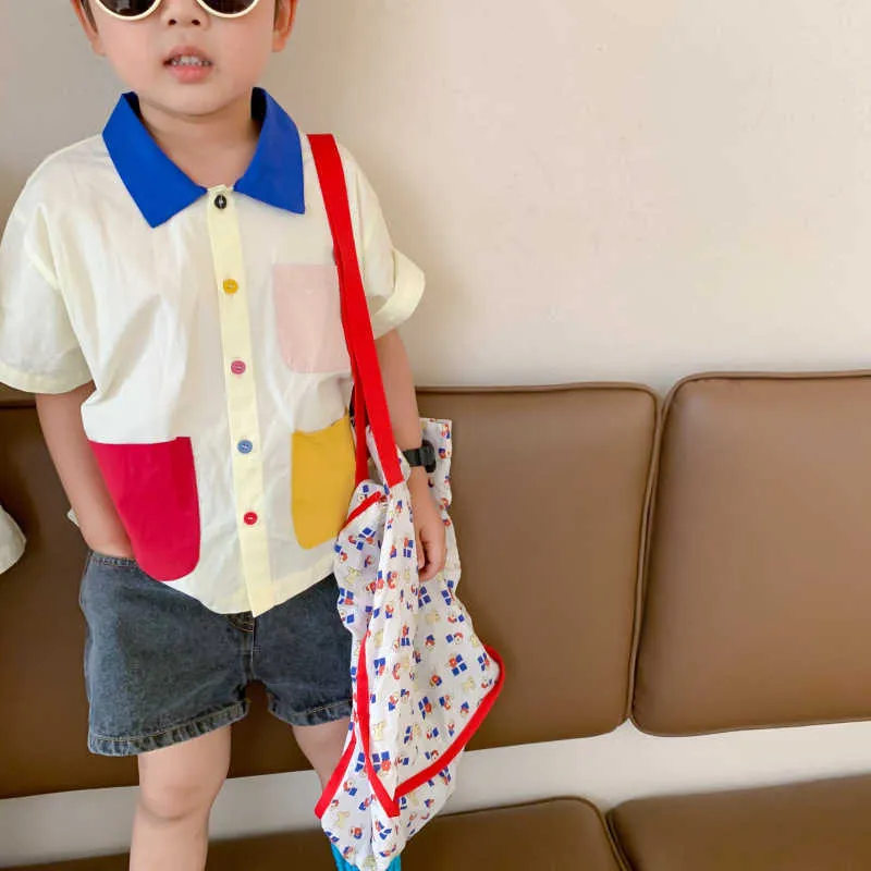 Estilo coreano verano es patchwork bolsillo camisas de manga corta niños algodón casual Tops 210713