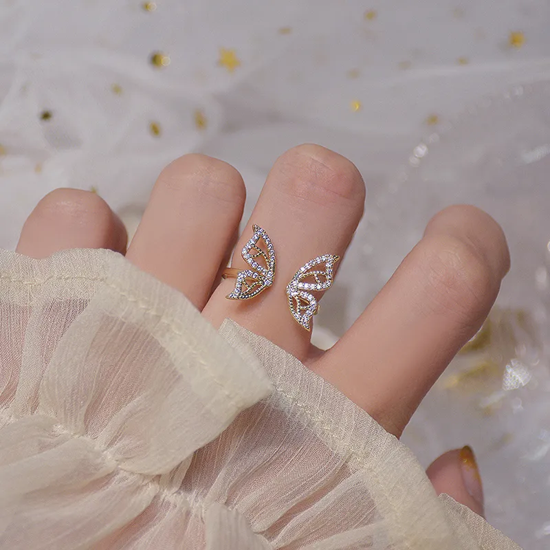Mode 14k echte gouden holle vlinder cz ring voor vrouwen verstelbaar open ontwerp pave zirkoon vlinderring bruiloft sieraden cadeau