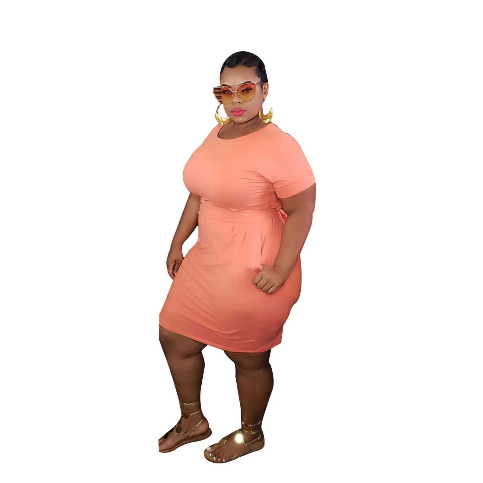 4XL 5XL плюс размер платья для женщин толстые причинно-простые оранжевые с коротким рукавом лето пояс с круглым вырезом до колена платья MIDI 2111116