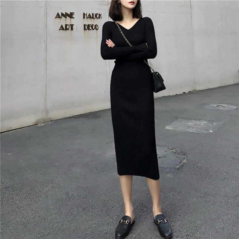 Elegant Kintted Slim Women Dress Long Sleeve Mid-Calf Stretch Bodycon Small Size Office Lady Spring Autumn Bottoming Dress W178 210526