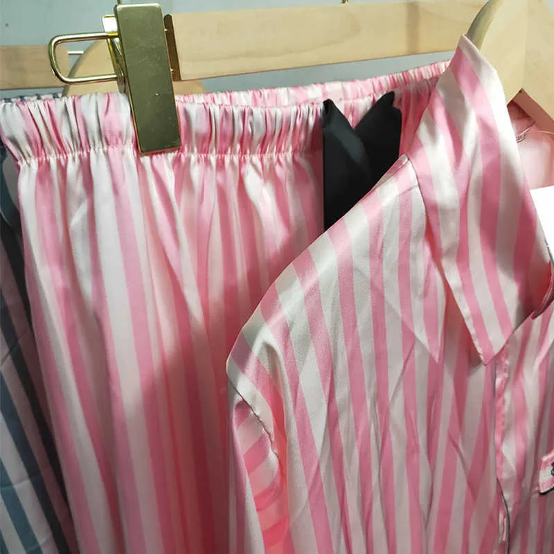 Moda Stylowy Set Summer Pajama Zestaw Kobiety Z Długim Rękawem Paski Piżamy Piżamy Spring Satin Silk Lounge Wear PJ Pjamas Homewear 210924