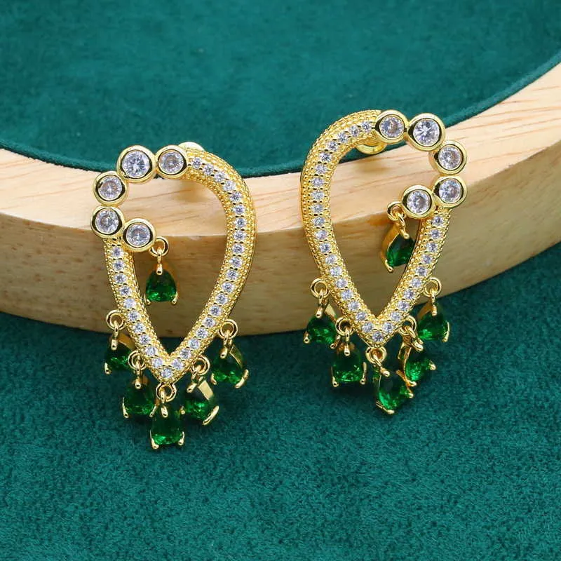 Nouveaux arrivages Green Zircon Gold Color Wedding Bijoux Set pour femmes Boucles de fête de fête