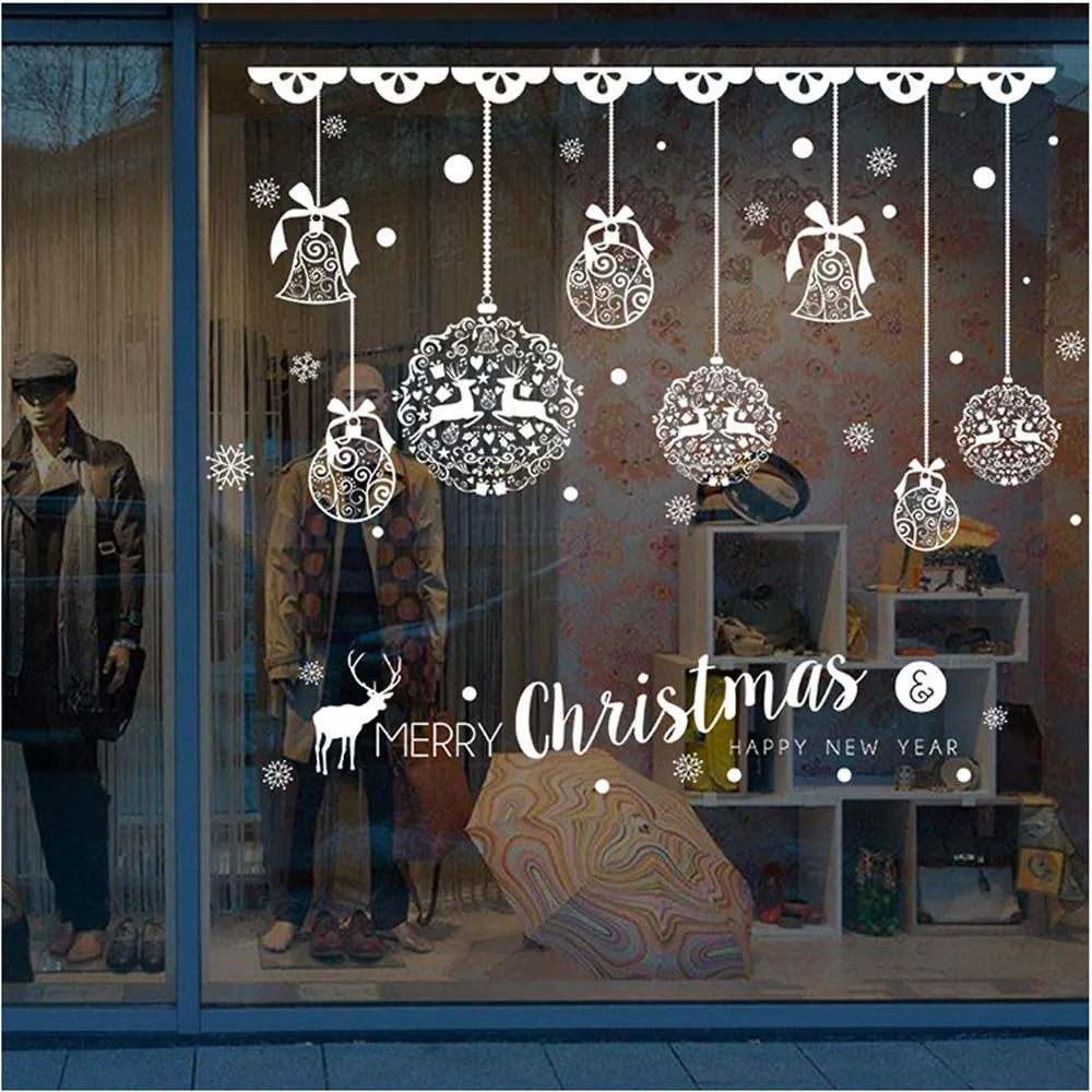 Christmas Shop Window Decoration Wall Removable Stickers Bells Deer Home Supplies Y201020