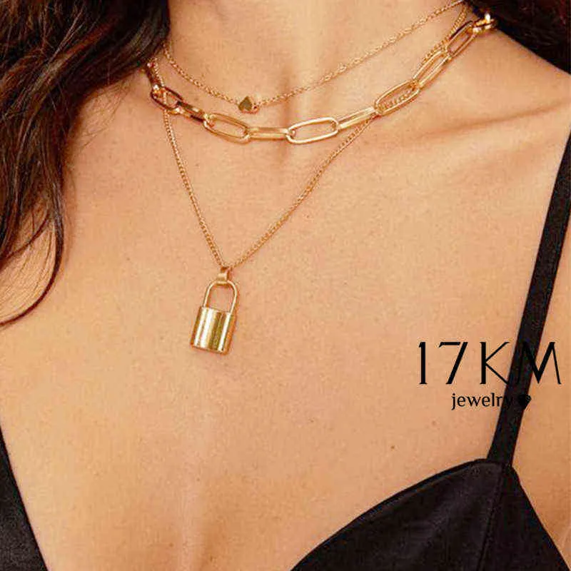 17KM mode multi couche serrure Portrait pendentifs colliers pour femmes or métal clé coeur collier nouveau Design bijoux cadeau G1206