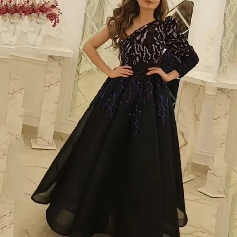 All Black One Shoulder Long Sleeve Women Dresses Spring Summer Evening Party And Wedding Robe Elegant A-Line Midi Dress 210525