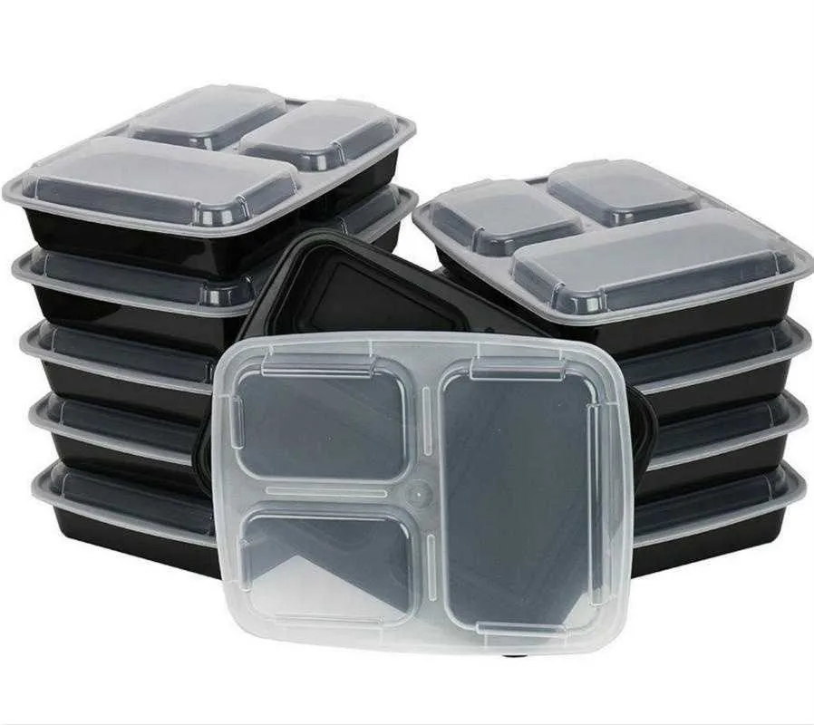 Meal Prep Portable Bento Box Plastica riutilizzabile 3 scomparti Lunch Box Contenitore alimenti con coperchio Stoviglie microonde 210818