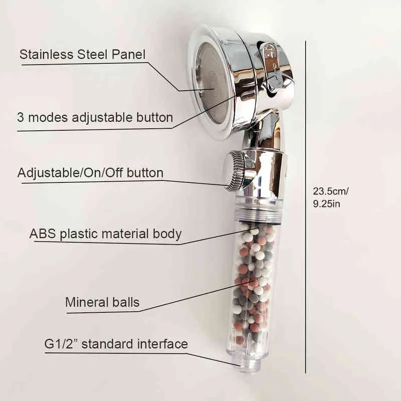 Badkamer onder druk staande spa douchekop minerale stenen gefilterde ionische zuivere douchekop met waterdruk verstelbare knop H1209