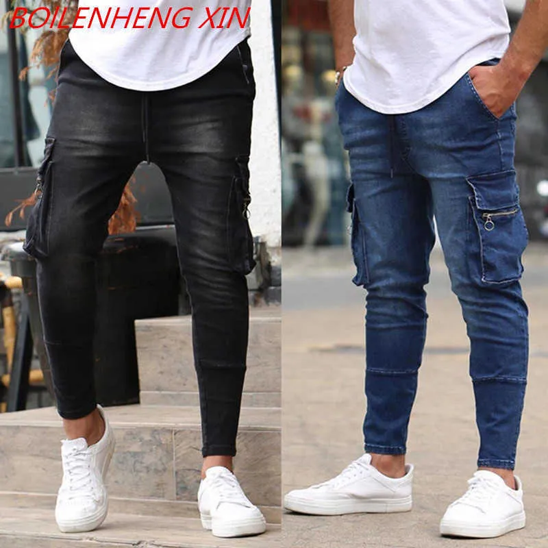 Nieuwe stijl heren slanke jeans rits multi-pocket potlood broek jeans zwart en blauw hoogwaardig jogger merk elastische kracht jeans x0621