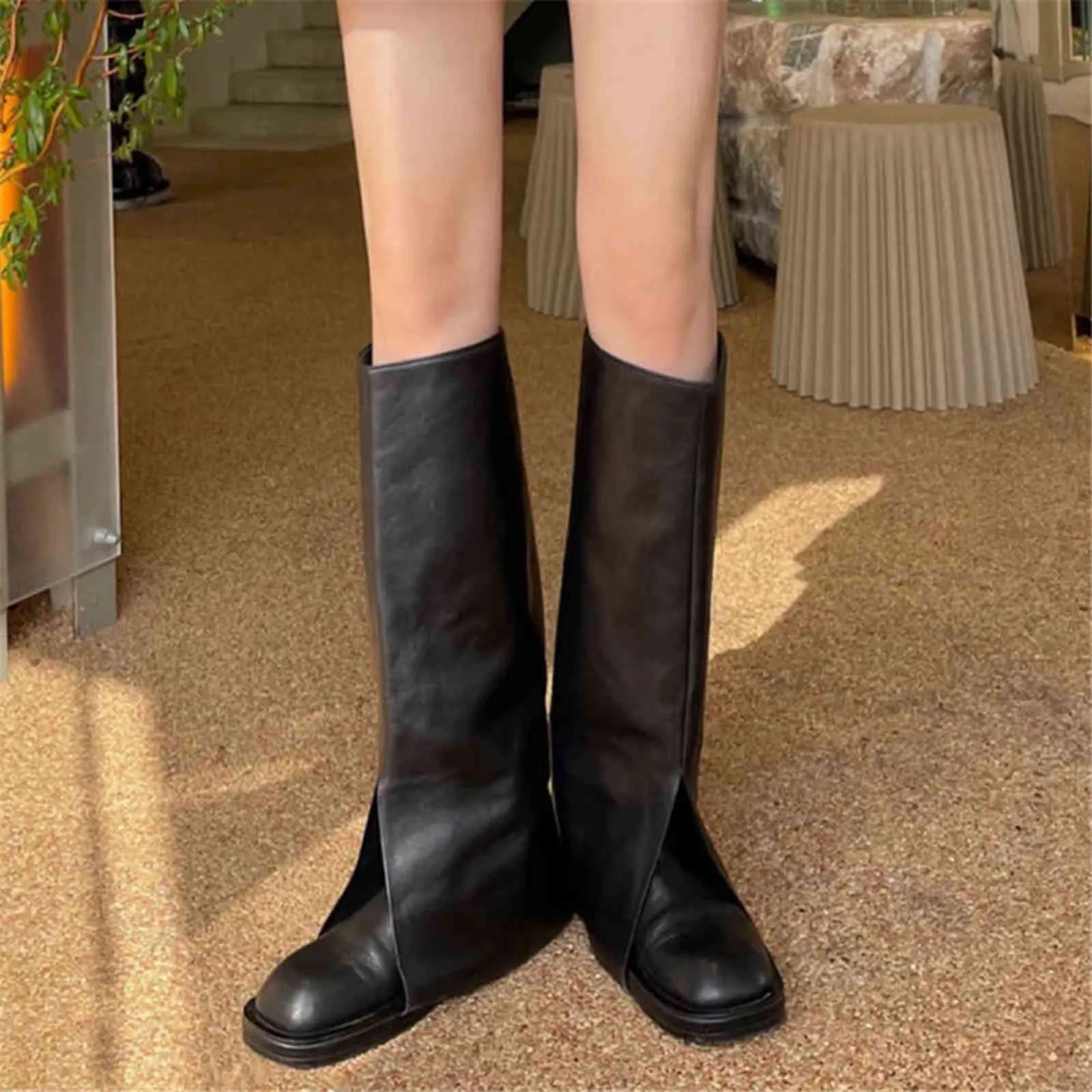 Luxury Brand Fashion Cool Knee High Great Quality Comodo da passeggio Vintage Black Slip On Scarpe da donna Riding Cover Trouser boots 211105