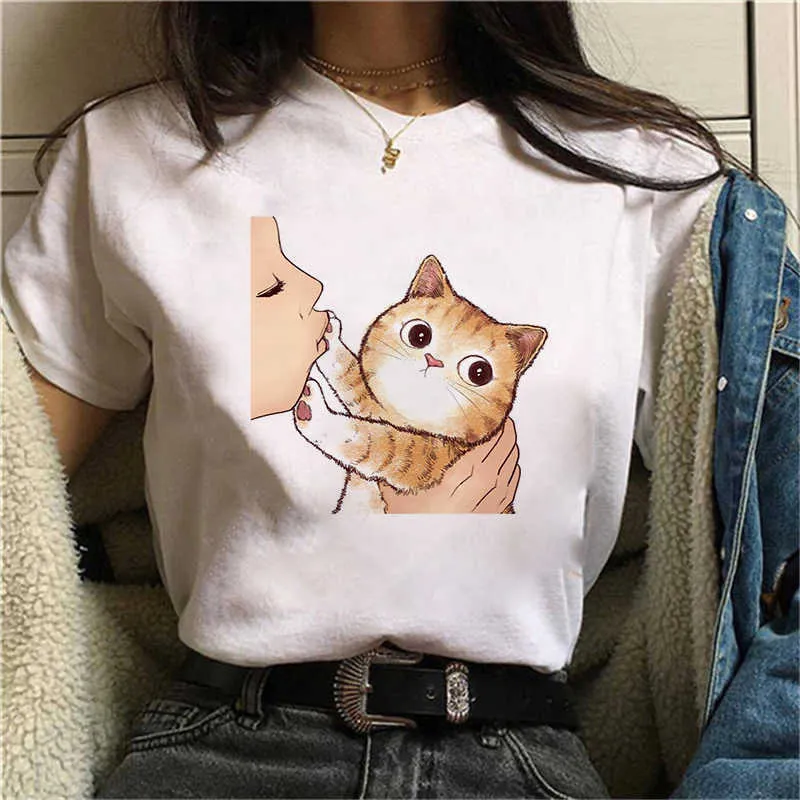 2021 sommer Frauen T-Shirt Kuss eine Nette Katze Gedruckt T-shirts Casual Tops Kawaii Weiß T Shirts für Mädchen Weibliche kleidung X0527